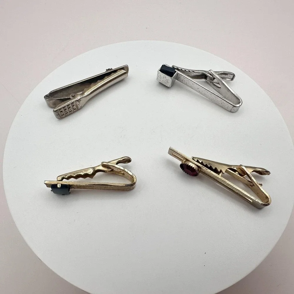 Vintage 80s Men's Tie Bar Clips Set Gold & Silver Tone Glass Stone Retro Jewelry